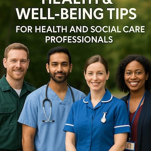 Pode incluir: Imagem de quatro profissionais de saúde sorrindo. O texto no topo diz "50 dicas de saúde e bem-estar" e "Para profissionais de saúde e assistência social". Eles estão usando uniformes médicos.