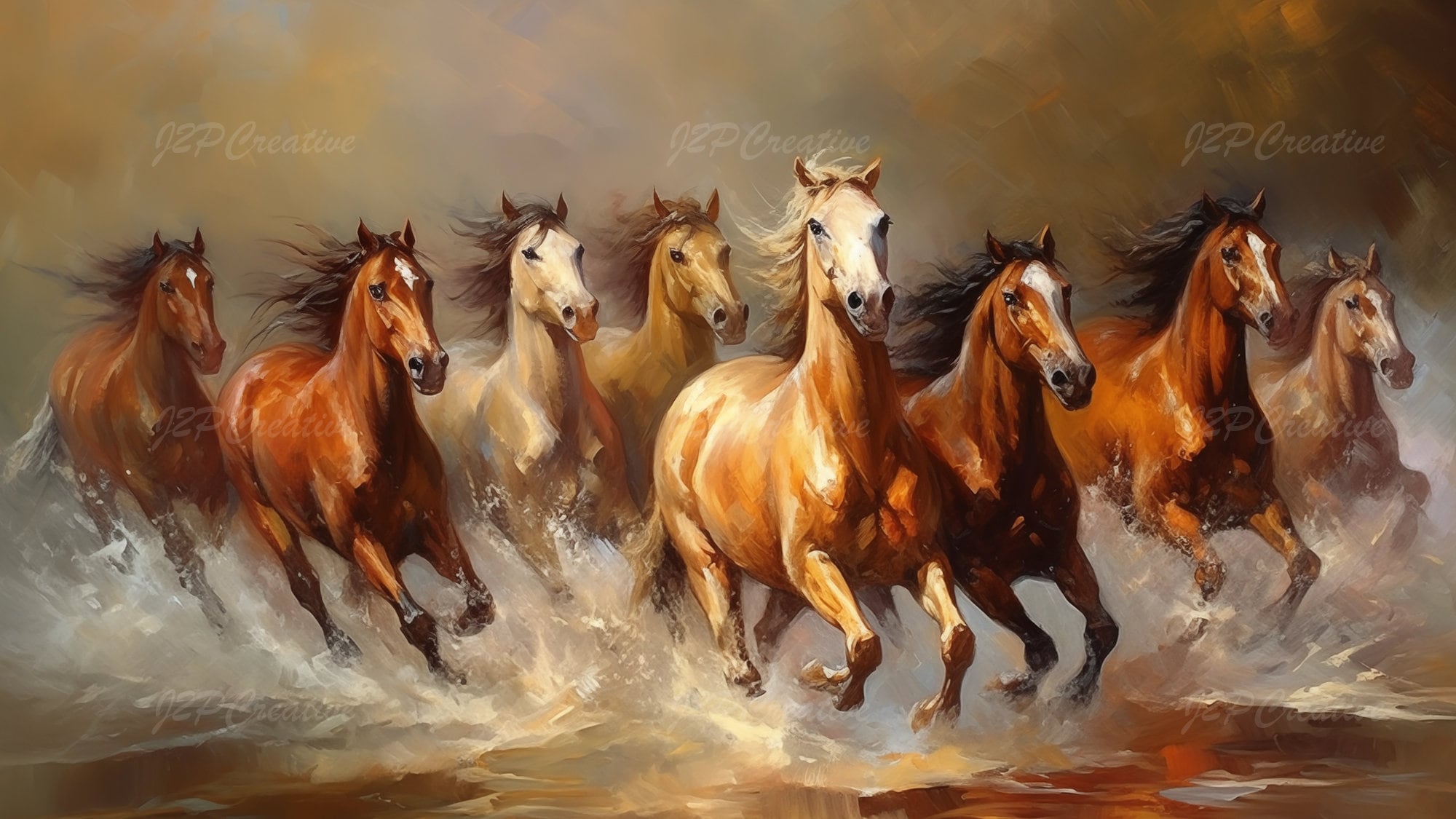 Eight Running Horses, Oil Paint, Samsung Frame TV Art, Digital