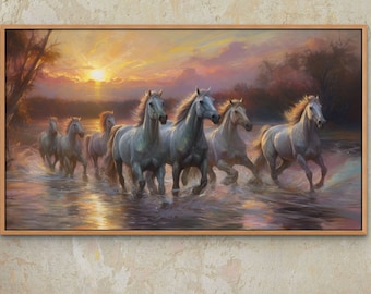 Seven Running Horses, Over Water, Oil Paint, Samsung Frame TV Art, Digital Download