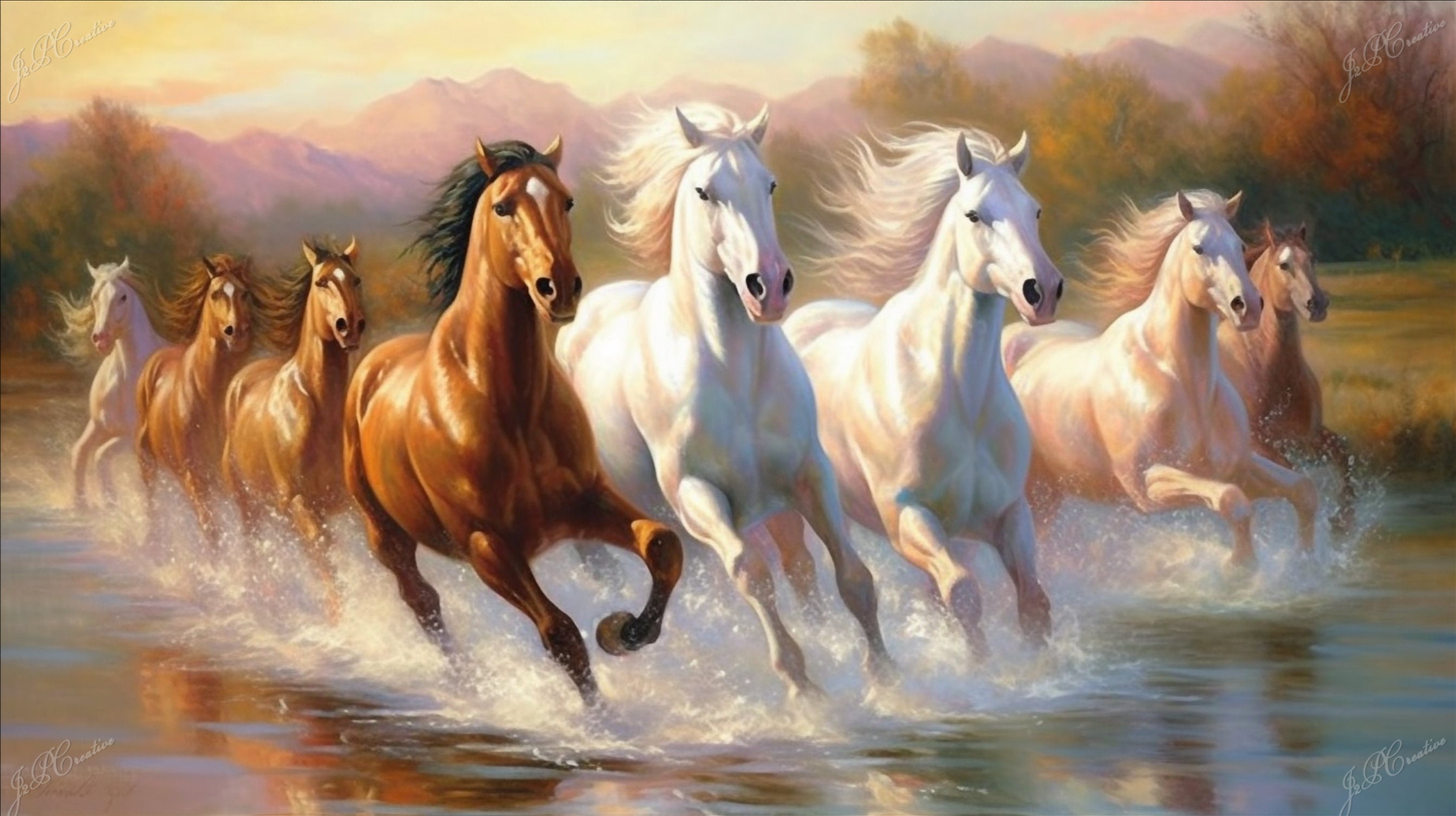 Eight Running Horses, Over Water, Oil Paint, Samsung Frame TV Art