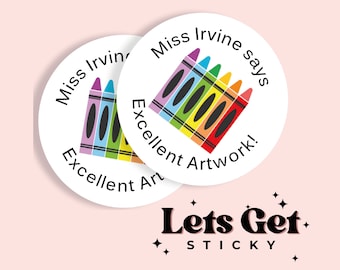 Excellent Artwork - Crayon - Personalised Teacher Stickers - Gloss or Matte - Choice of sizes