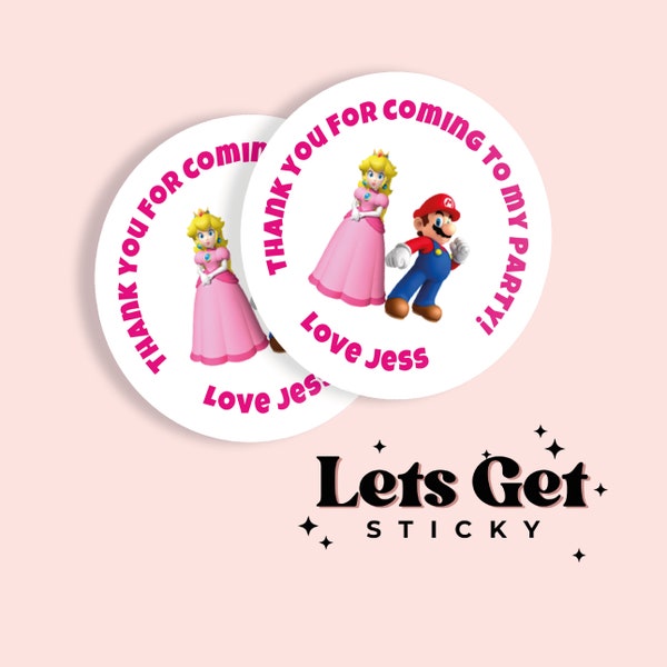 Birthday Party Round Stickers - Super Mario and Princess Peach Themed - Gloss or Matte - Choice of sizes