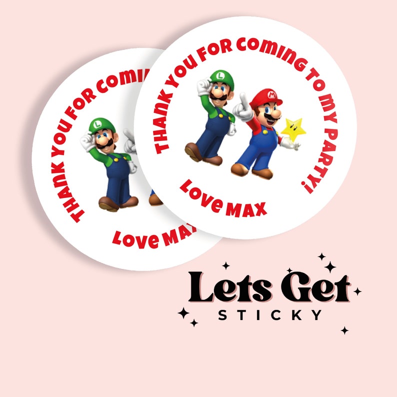 Birthday Party Round Stickers Super Mario Bros. Themed Gloss or Matte Choice of sizes image 1