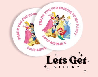 Birthday Party Round Stickers - Disney Princess Themed - Gloss or Matte - Choice of sizes