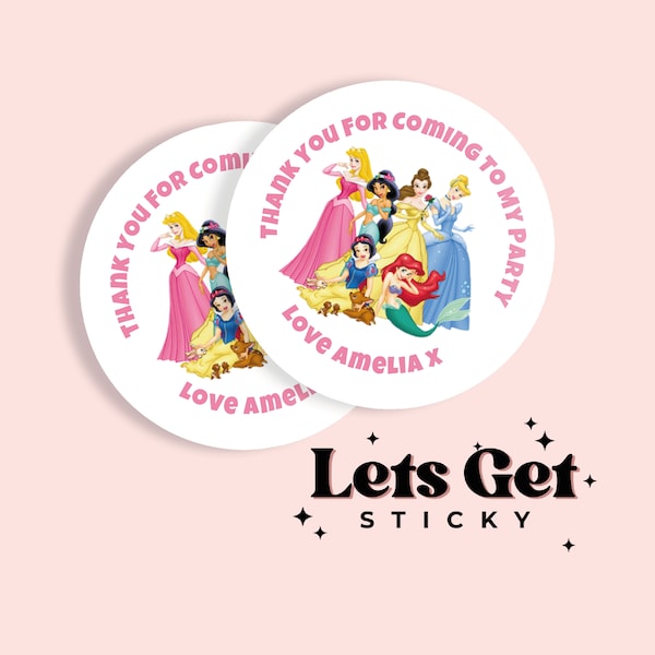 Birthday Party Round Stickers - Disney Princess Themed - Gloss or Matte - Choice of sizes