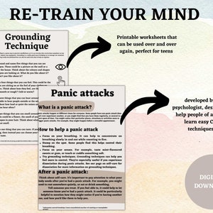 May include: Printable worksheets with the text "Re-Train Your Mind" and "Grounding Technique" on the left side and "Panic Attacks" on the right side. The worksheets are designed to help people learn easy CBT techniques.