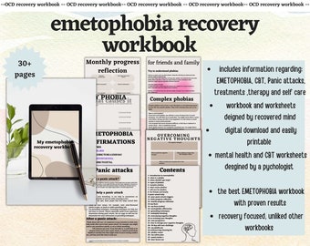 emetophobia recovery, emetophobia workbook |CBT printable | phobia and anxiety worksheets | phobia help| digital therapy | panic attack