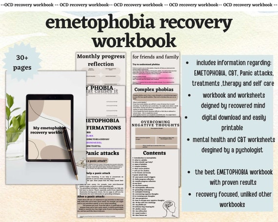 emetophobia recovery, emetophobia workbook |CBT printable | phobia and anxiety worksheets | phobia help| digital therapy | panic attack