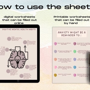 May include: Two printable worksheets for positive mental health. The first worksheet is a digital worksheet that can be filled out online. The second worksheet is a printable worksheet that can be filled out by hand. The digital worksheet features a brain with a lightbulb inside and a flow chart with the text "Positive Mental Health Habits". The printable worksheet features the text "Anxiety Might Be A Reminder To:" and a list of reminders in colourful circles.