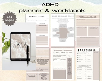 Könnte beinhalten: Ein digitaler Planer und Arbeitsbuch für Menschen mit ADHS. Das Cover zeigt ein digitales Tablet mit einem Wolken-Design und dem Text "adhd planner". Die Seiten beinhalten Abschnitte für die Umstrukturierung von Gedanken, den ADHS-Burnout-Zyklus, negative zu positive Gedanken, mein tägliches Emotions-Logbuch und Strategien für den Umgang mit ADHS.