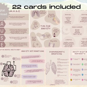 May include: A set of 22 printable cards offering tips for managing anxiety. The cards feature illustrations of a brain, lungs, and other calming imagery. The cards include tips for breathing exercises, positive affirmations, and lifestyle changes.