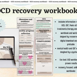 以下が含まれることがあります： 強迫性障害（OCD）の管理を支援するデジタルワークブック。表紙には、「私のOCD回復ブック」というテキストとペンが書かれたタブレットが描かれています。このワークブックには、35ページ以上の情報、エクササイズ、強迫観念、強迫行為、関連する障害に関する考察が含まれています。また、アファメーション、治療、ネガティブな思考の克服に関するセクションも含まれています。このワークブックは、回復した心と心理学者によって設計されました。