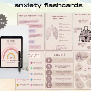 以下が含まれることがあります： 不安に対処するためのヒントが書かれた、印刷可能なフラッシュカード22枚セット。カードには、虹、脳、肺のイラストと、「不安の肯定的な言葉」、「横隔膜呼吸」、「P.A.U.S.E」、「不安に対するヒント」などのテキストが記載されています。