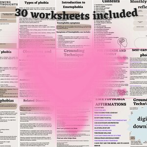 May include: A pink and blue digital download for a 30-worksheet workbook on emetophobia. The workbook includes information on types of phobias, grounding techniques, self-care tips, and affirmations. The title of the workbook is "Overcoming Negative Thoughts".