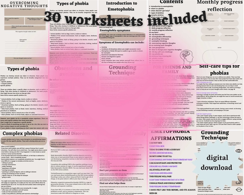 May include: A pink and blue digital download for a 30-worksheet workbook on emetophobia. The workbook includes information on types of phobias, grounding techniques, self-care tips, and affirmations. The title of the workbook is "Overcoming Negative Thoughts".