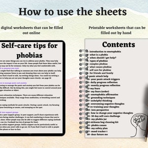 May include: A printable worksheet with a list of self-care tips for phobias. The worksheet includes tips on talking to someone you trust, managing panic and anxiety, relaxation techniques, coping methods for panic attacks, and joining support groups. The worksheet also includes a list of contents for a printable workbook.