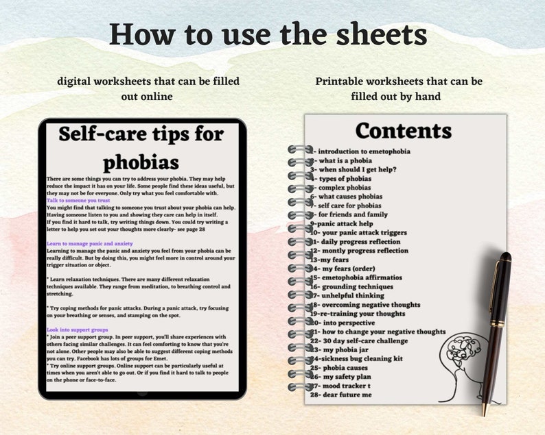 May include: A printable worksheet with a list of self-care tips for phobias. The worksheet includes tips on talking to someone you trust, managing panic and anxiety, relaxation techniques, coping methods for panic attacks, and joining support groups. The worksheet also includes a list of contents for a printable workbook.