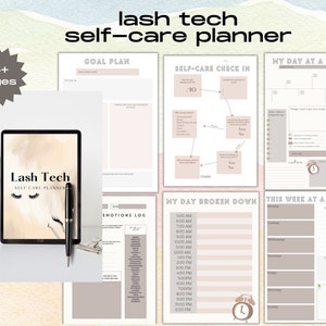 May include: A printable planner designed for lash technicians, featuring a pink and brown color scheme. The planner includes sections for goal setting, self-care check-in, daily schedule, weekly schedule, and an emotions log.