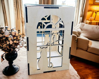 Portavelas con diferentes motivos de gatos fabricado en madera y pizarra. Ideal para el alféizar de la ventana o como decoración de mesa.