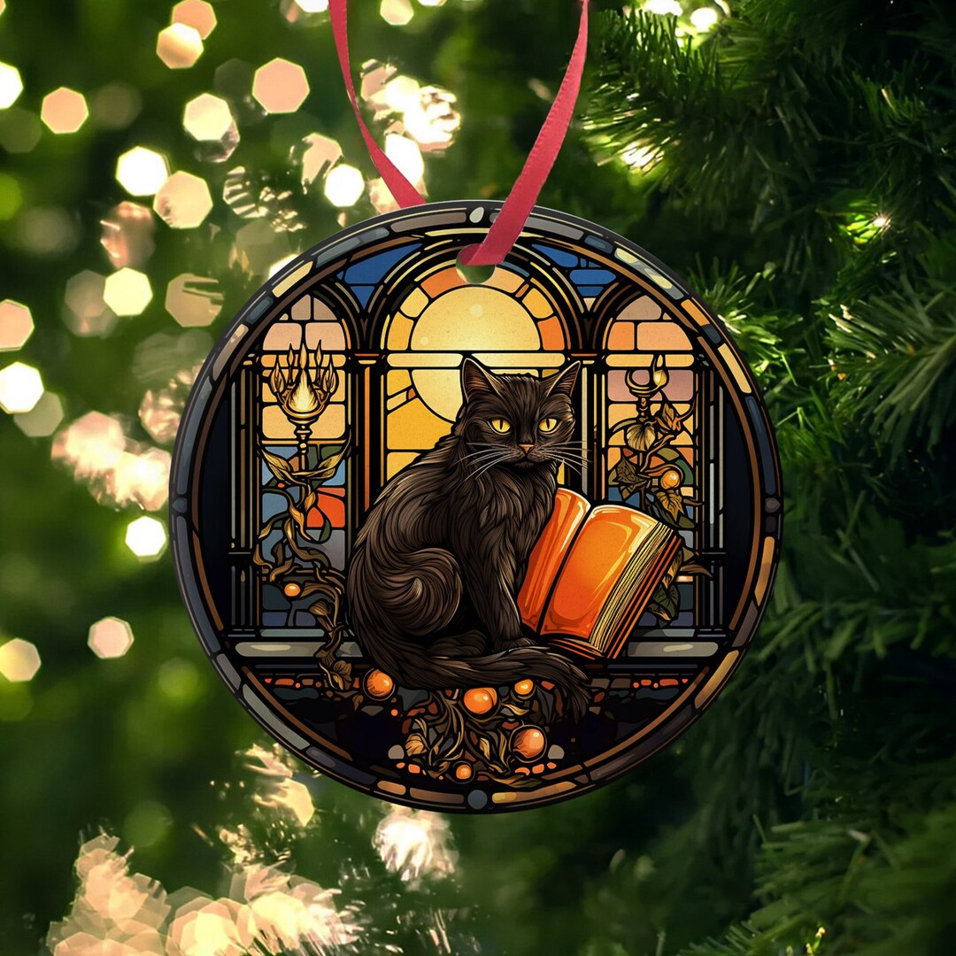 Black Cat Ornament, Black Cat Book Stained Glass Ceramic Ornament, Book ...