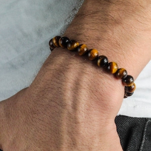 Tiger Eye Bracelet for Men, Natural Gemstone Wristband, Brown Stone Jewelry, Macrame Adjustable Cord, Spiritual Meditation Gift for Him