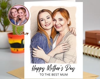 Custom Mum Portrait Photo Gift, Personalised Mummy Birthday Card From Daughter, From Son, Sketch Art