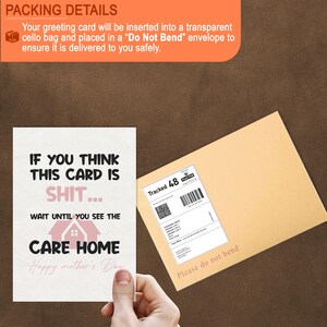 A funny Mother's Day card that reads "If you think this card is shit wait until you see the care home," shown next to a protective brown 'Do Not Bend' shipping envelope with tracking details.