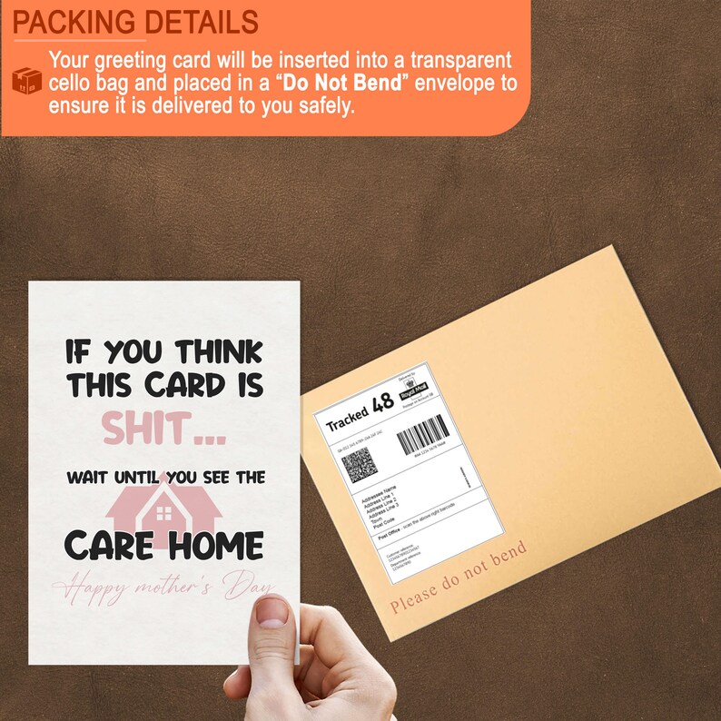 A funny Mother's Day card that reads "If you think this card is shit wait until you see the care home," shown next to a protective brown 'Do Not Bend' shipping envelope with tracking details.