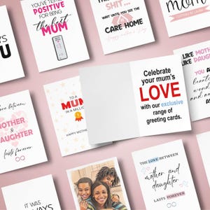 A collage flat lay of various custom greeting cards, including a funny care home joke Mother's Day card, a pregnancy test joke card for mum, and sweet mother-daughter cards.