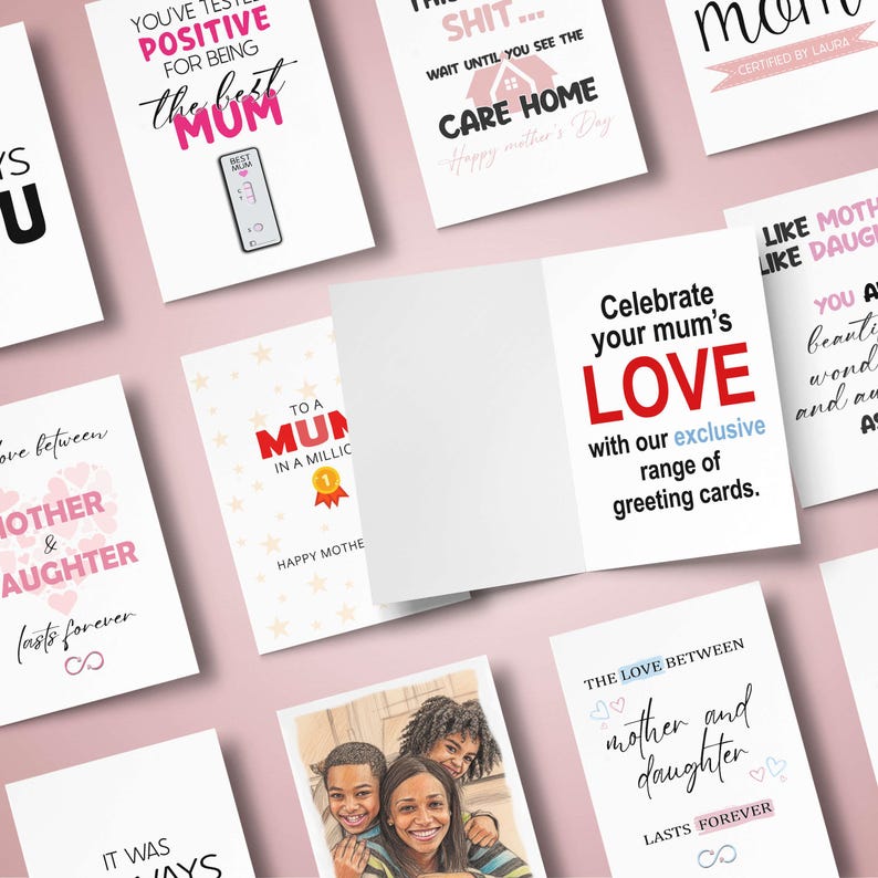 A collage flat lay of various custom greeting cards, including a funny care home joke Mother's Day card, a pregnancy test joke card for mum, and sweet mother-daughter cards.