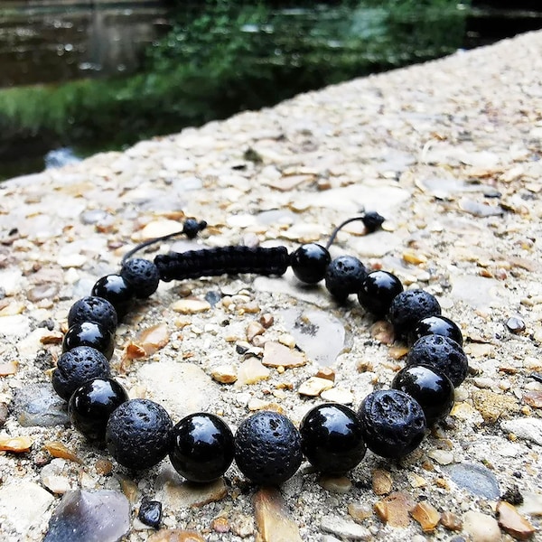 Lava Stone and Obsidian Beaded Bracelet Gemstone Crystal Healing TH024