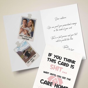 A personalised funny Mother's Day card featuring a sarcastic care home joke on the front cover, displayed next to an open card showing custom printed Polaroid-style family photos and a custom message inside.