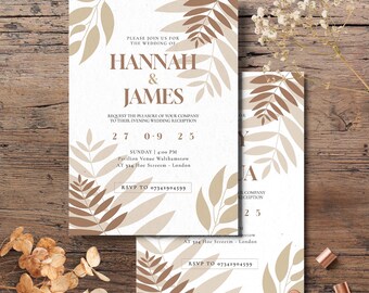 May include: Wedding invitation suite featuring a main invitation and a smaller card. The design includes botanical leaf illustrations in shades of brown and beige. The text reads "HANNAH & JAMES" and event details.