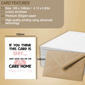 An infographic detailing the premium features of a funny Mother's Day card, showing the care home joke design, dimensions of 105x148mm, and highlighting luxury envelope and premium 300gsm paper.