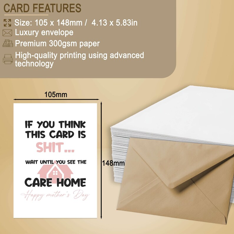 An infographic detailing the premium features of a funny Mother's Day card, showing the care home joke design, dimensions of 105x148mm, and highlighting luxury envelope and premium 300gsm paper.