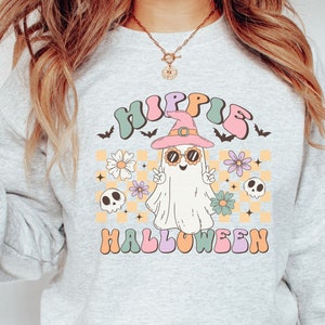 Hippie Halloween Sweatshirt, Retro Groovy Halloween Sweater, cute Ghost Halloween Shirt, Boho Halloween Gift, Skull Hoodie, Hippy Gift