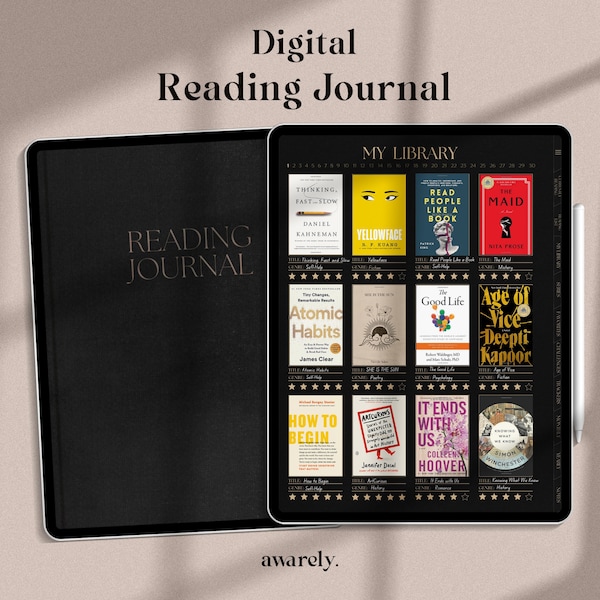 Digital Reading Journal Dark, Book Review & Library Tracker for Goodnotes, Digital Reading Log, Digital Bookshelf, Reading Planner for iPad