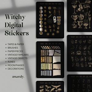 Livre d'autocollants pour agenda numérique Witchy pour Goodnotes | Feuille d'autocollants numériques pré-recadrée | Pack d'autocollants numériques pour agendas à thème sombre