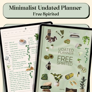 May include: A digital planner with a green background and the text "Updated Planner Free Spirited" in white. The planner has a daily schedule with handwritten notes and stickers of plants, a coffee pot, a typewriter, and a kiwi.