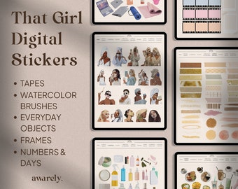 That Girl Aesthetic Digital Sticker Book for Goodnotes | Pre-cropped Self-Care Sticker Sheet | Washi Tapes Watercolor Digital Sticker Pack