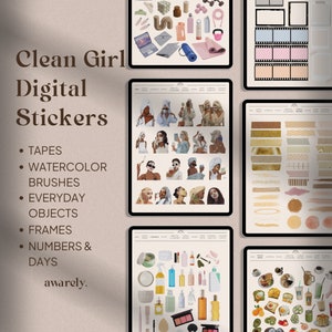 Libro di adesivi digitali Clean Girl Aesthetic per Goodnotes / Foglio di adesivi pretagliati per la cura di sé / Pacchetto di adesivi digitali Washi Tapes Watercolor