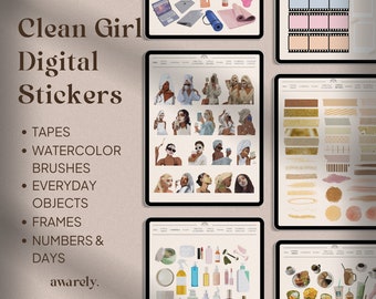 Clean Girl Aesthetic Digital Sticker Book for Goodnotes | Pre-cropped Self-Care Sticker Sheet | Washi Tapes Watercolor Digital Sticker Pack