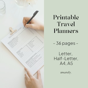 Printable Travel Planners, Packing List, Organizers, , Itinerary Planning, Holiday Planner, Travel To Do List, Letter, Half-Letter, A4, A5