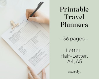 Printable Travel Planners, Packing List, Organizers, , Itinerary Planning, Holiday Planner, Travel To Do List, Letter, Half-Letter, A4, A5