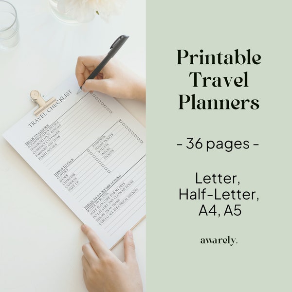 Printable Travel Planners, Packing List, Organizers, , Itinerary Planning, Holiday Planner, Travel To Do List, Letter, Half-Letter, A4, A5