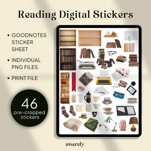 Op de afbeelding: Een digitale sticker sheet met 46 voorgeknipte stickers met afbeeldingen die te maken hebben met lezen, waaronder boeken, een typemachine, een lamp, een koffiekopje en een deken. De sticker sheet is ontworpen voor gebruik met Goodnotes.