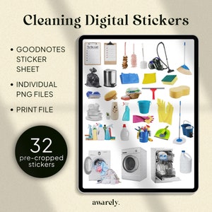 Cleaning Digital Stickers: Pre-cropped Planner Stickers for Goodnotes (individual PNG files also inlcuded)