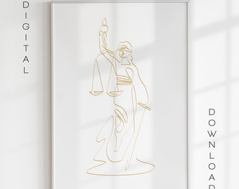 Puede incluir: Un dibujo de línea de la figura de la Justicia, sosteniendo una balanza y una espada, en oro sobre un fondo blanco.