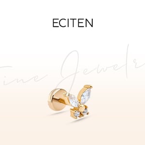 Vlinderdiamanten traguspiercing in 14 kt massief goud, kraakbeenhelix schroefpiercing aan de achterkant, 18 g (1,0 mm), staaflengte 8-6 mm