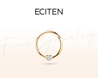 Solitaire Diamond Hoop Clicker Earrings in 14K Solid Gold,16G Cartilage Hoop Clicker,(1.2mm)Circle Clicker Piercing,Diamond Helix,10mm Outer